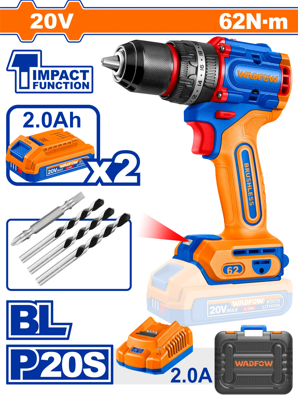 شنيور 62 نيوتن 2 بطاريه WCDP6281 Compact brushless cordless impact drill
